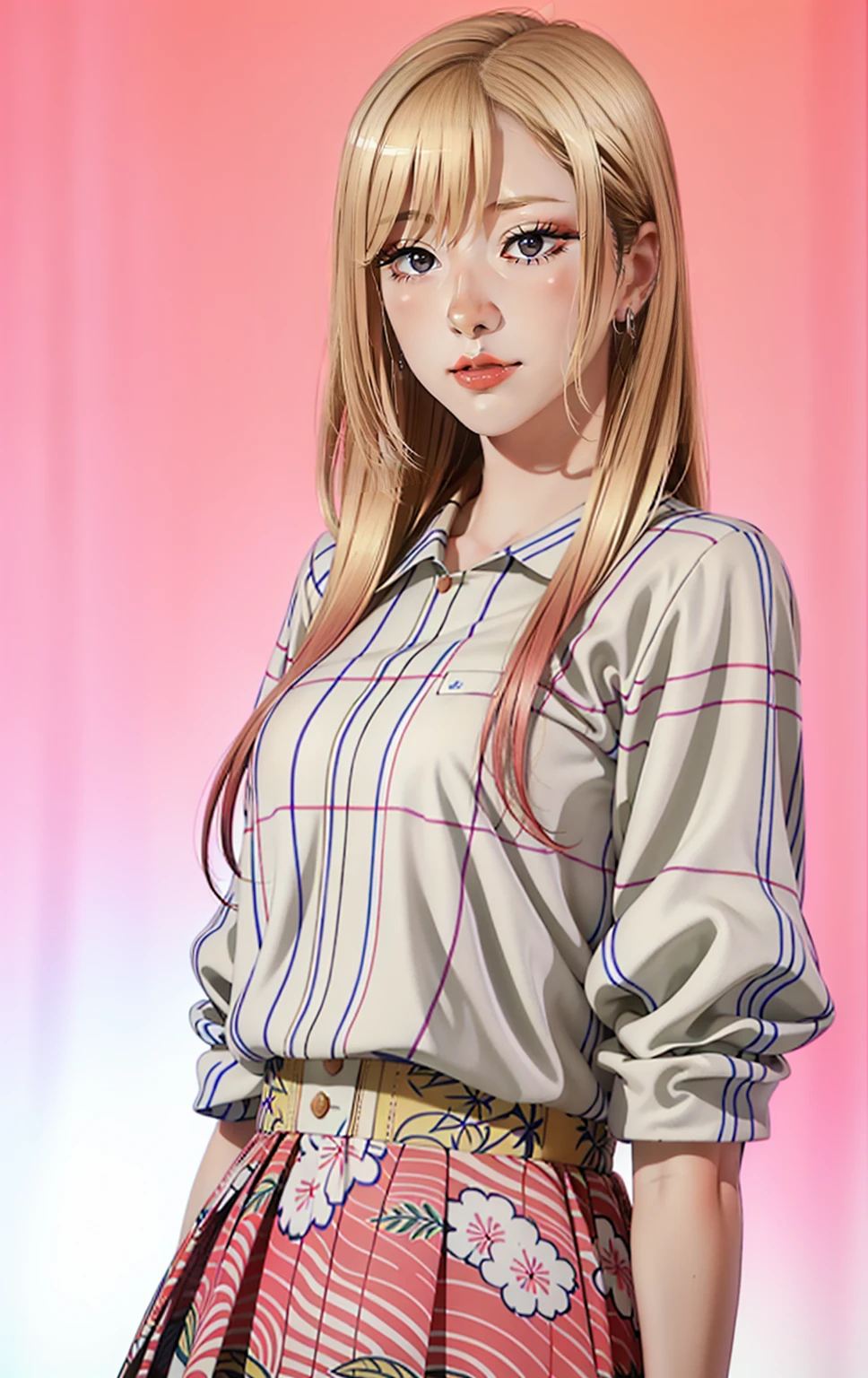 Masterpiece, Best quality, Highly detailed, 1girll, Solo, (:3:1.1), blonde hair, Blush, ((red eyes)), Gradient background, hair adornments, Japanese high school clothes, look at the viewer, (marin kitagawa), Smile, Solo, Beautiful lighting