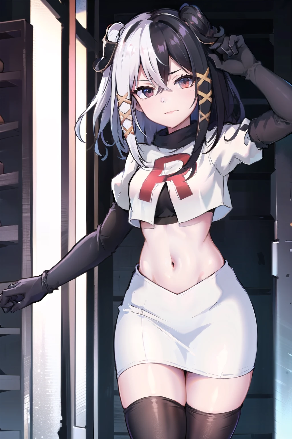 zesshi zetsumei, 1girl,solo, team rocket,team rocket uniform,white skirt,red letter R,crop top,black thigh-highs,black elbow gloves