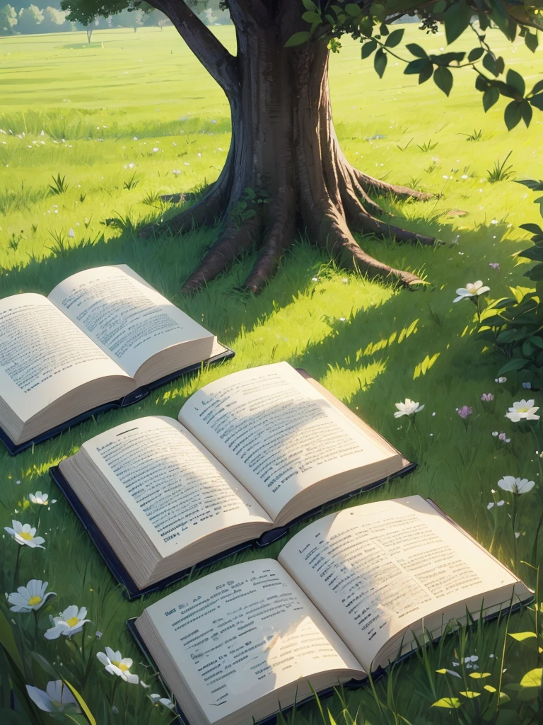A beautiful book in a field with green grass and a tree in the background