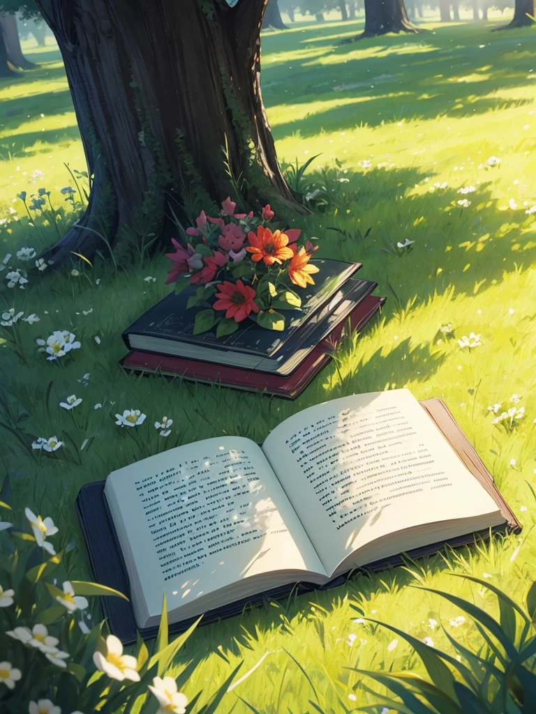 A beautiful book in a field with green grass and a tree in the background 