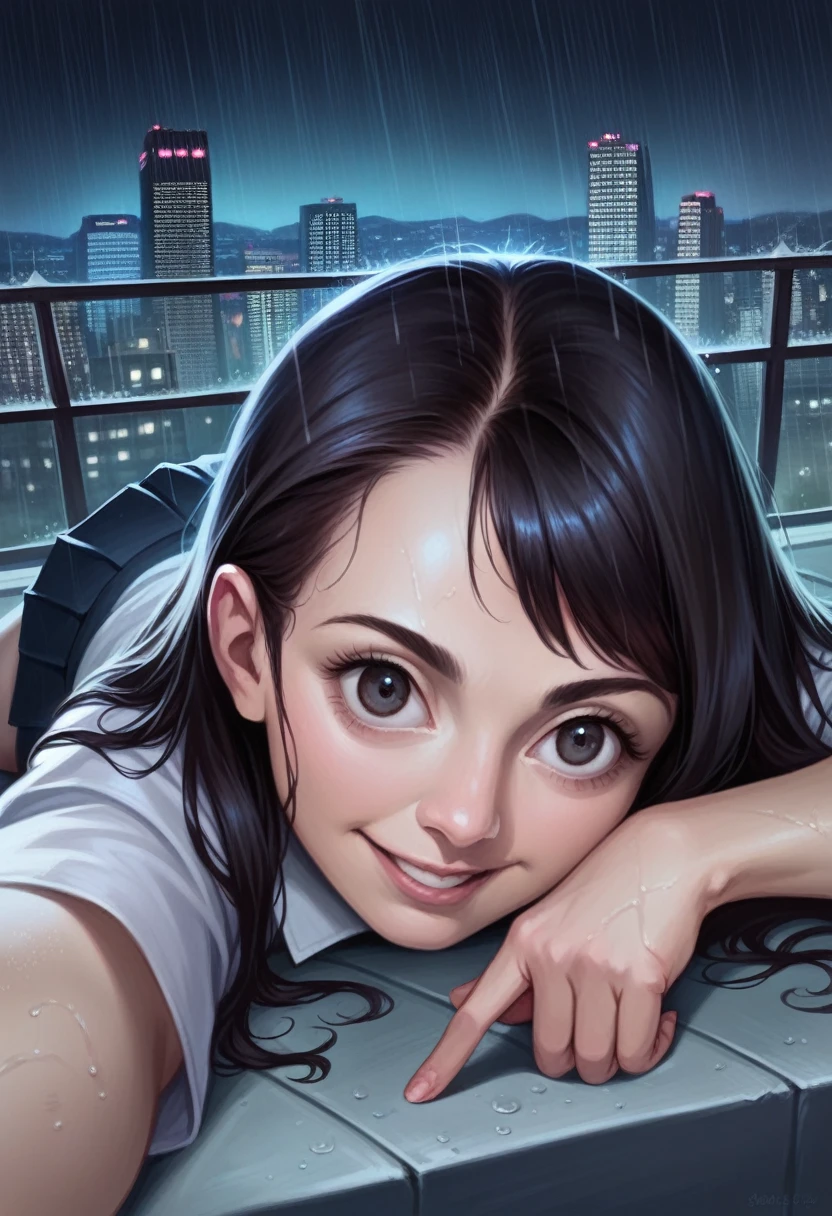 (RAW Photos, 最high quality), (Realistic, photoRealistic: 1.2), (Round face: 1), 1 Girl, Outdoor selfie, (Skin with attention to detail: 1.2), (Puffy eyes), (Lying Silkworm), smile, clavicle, water, Straight brown black hair, Pure black pleated skirt, Soft lighting, high quality, Cityscape, Skyline, night, rain, Wet, Professional Lighting, Photon Mapping, Radio City, Physically Based Rendering,