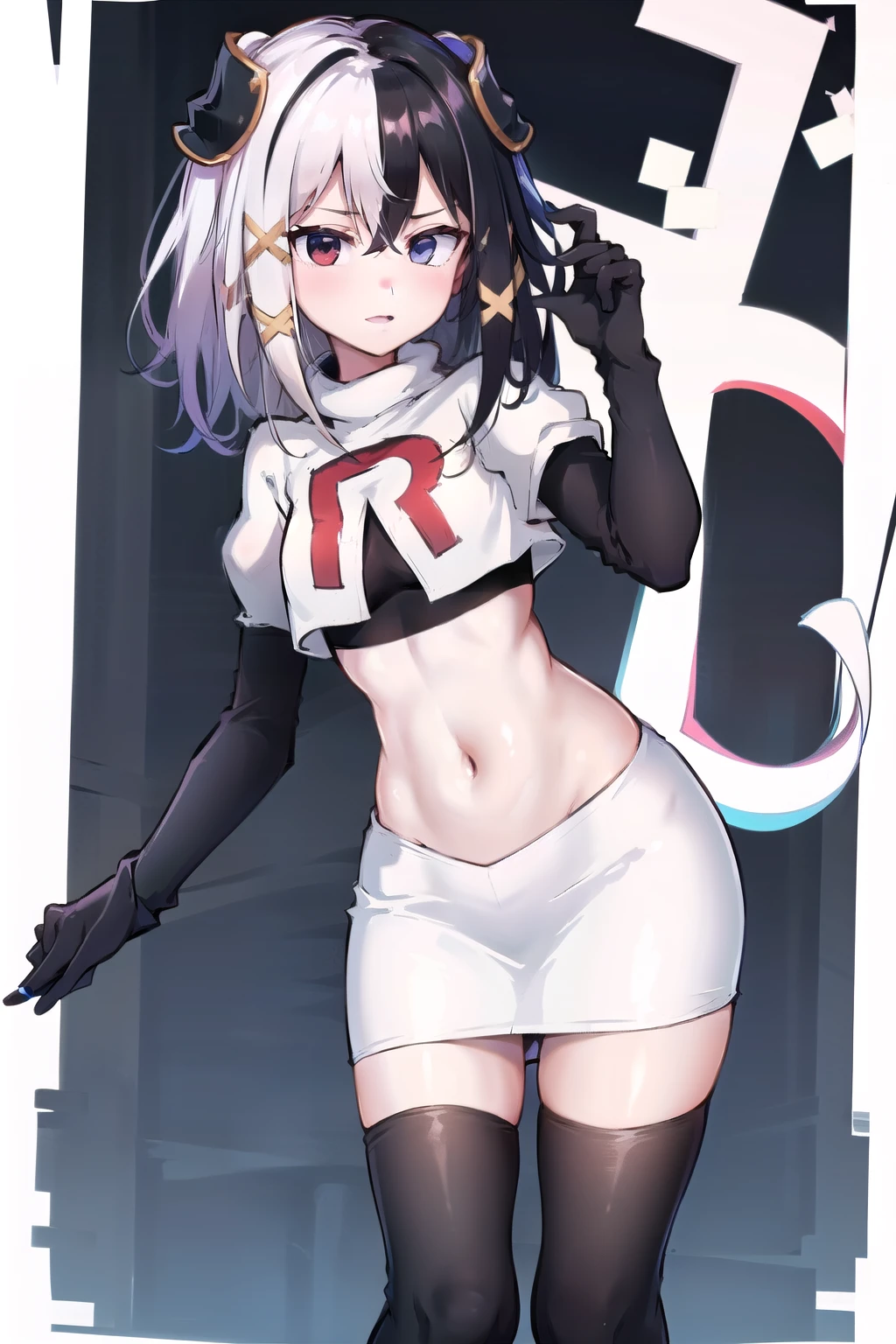 zesshi zetsumei, 1girl,solo, team rocket,team rocket uniform,white skirt,red letter R,crop top,black thigh-highs,black elbow gloves