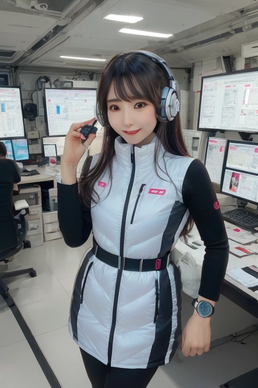 masterpiece, Highest quality, Very detailed, 8K Portrait,Japanese Android Girl,plump , Control panel,Robotic arms and legs, Blunt bangs,,break (Metallic Gray, Metallic luster, Mirror finish, Astro Best):5,headphone:5,break (Black sleeves):100,Smart Watches,Futuristic space station,Control Room,break headphone,blue eyes,(Black Hair):2,(Long Hair):1.3,Displaying the viewer,(respirator),break blush:3,Hidden Hand,smile