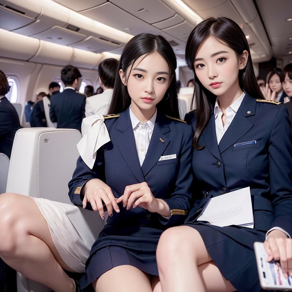 (on one screen:1.5)、1 female、(solo)、(Super beautiful)、(beautiful face:2)、(detailed face:1.5)、(detailed eyes:1.1)、(detailed lips:1.1)、(detailed nose:1.1)、flight attendant、(cabin attendant uniform:1.4)、(Tailored jacket:1.2)、(navy blue mini skirt:1.2)、Dark makeup、sit in the passenger seat of an airplane、spread her legs、showing white panties、highest quality、High resolution、Super detailed、masterpiece、(Live shooting:1.5)、genuine:1.5、photogenuineistic:1.5、very delicate and beautiful、small details、(At SFW)