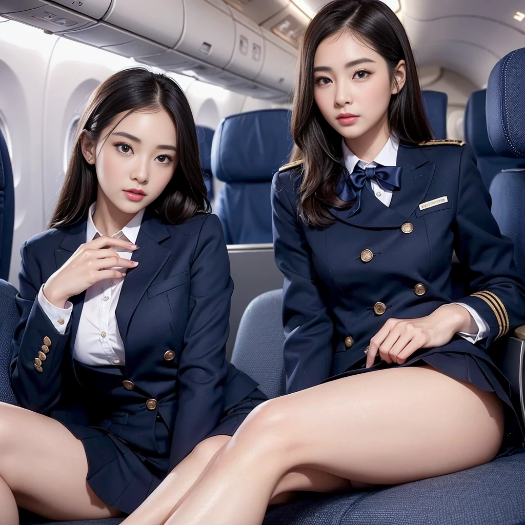 (on one screen:1.5)、1 female、(solo)、(Super beautiful)、(beautiful face:2)、(detailed face:1.5)、(detailed eyes:1.1)、(detailed lips:1.1)、(detailed nose:1.1)、flight attendant、(cabin attendant uniform:1.4)、(Tailored jacket:1.2)、(navy blue mini skirt:1.2)、Dark makeup、sit in the passenger seat of an airplane、spread her legs、showing white panties、highest quality、High resolution、Super detailed、masterpiece、(Live shooting:1.5)、genuine:1.5、photogenuineistic:1.5、very delicate and beautiful、small details、(At SFW)