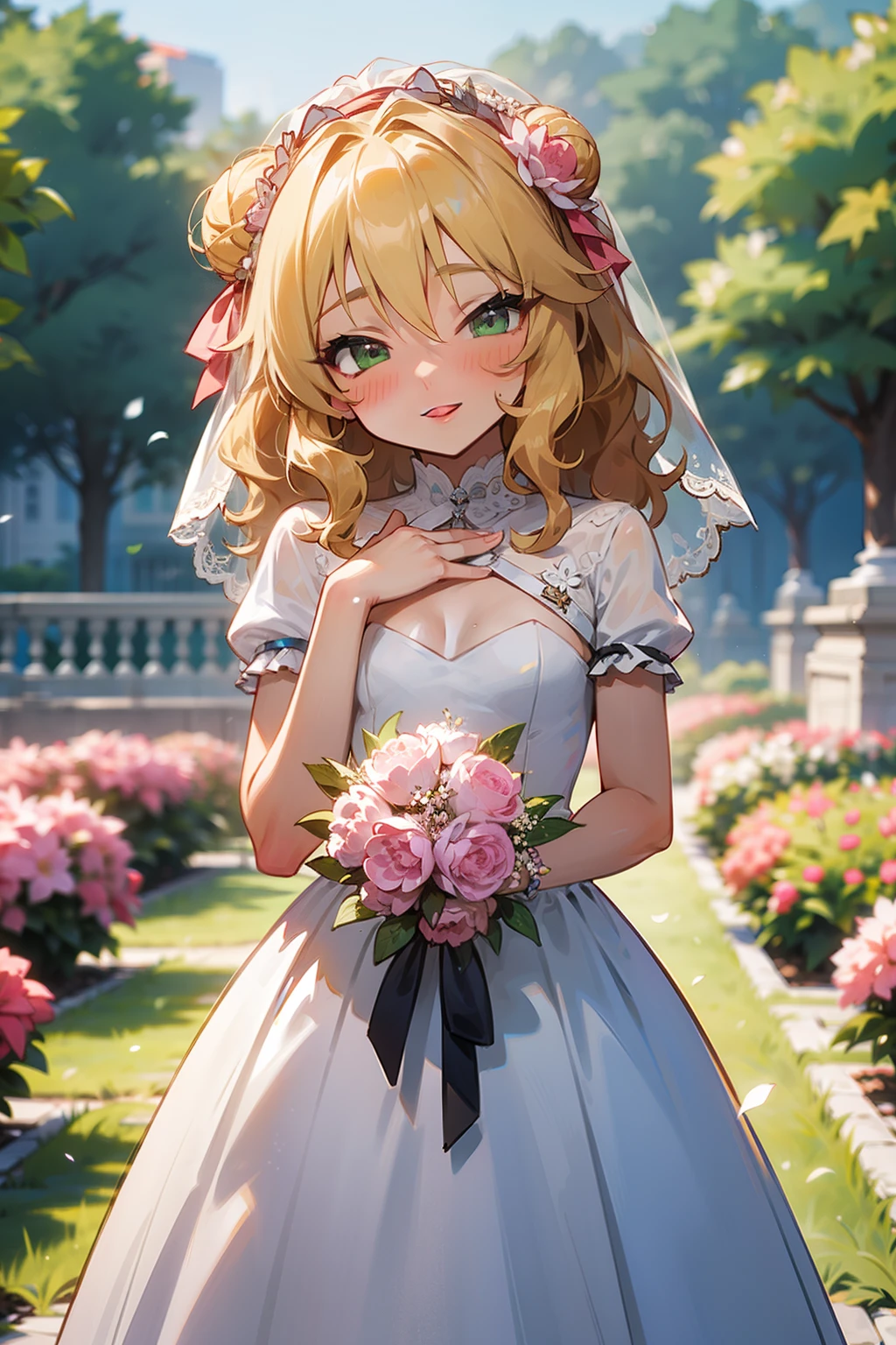 masterpiece,best quality, ultra-detailed,1girl(sakurai momoka, lovely small breasts, wavy hair, long hair, blonde hair, hair bun, single hair bun,  headband, pink flower in hair,green eyes), a  face in love,  lovely smile, parted lips, nose blush, blush, facing viewer , looking at viewer, head tilt, solo,  white wedding dress, frill, veil,  bouquet grab,  in the garden, standing, Sexy waist teasing 