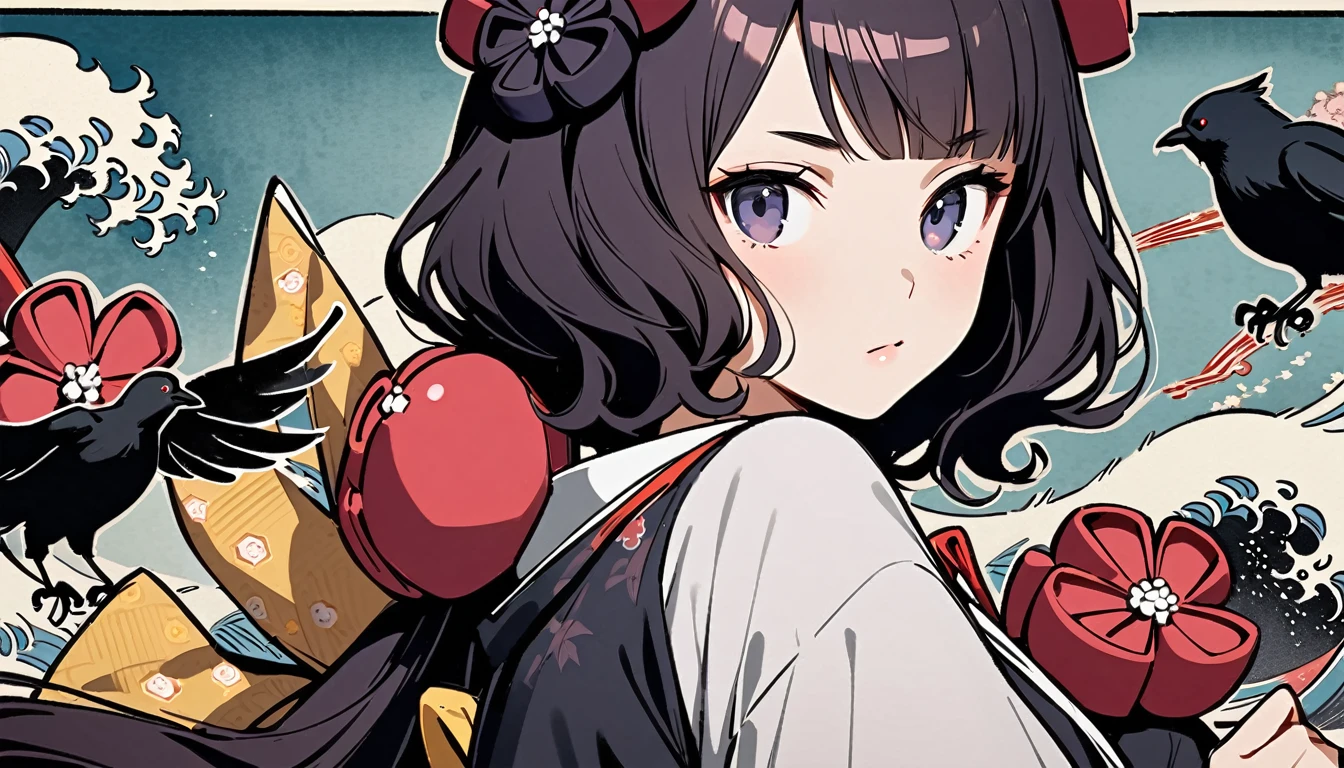 (((Katsushika Hokusai))), (((Ink Painting))), ((very straight longhair)), ((1 girl)), ((Put a crow on your shoulder)), ((beautiful girl)), Japanese style headphones, Black Hair, Delicate and precise, Modern ukiyo-e style, teardrop sunglasses