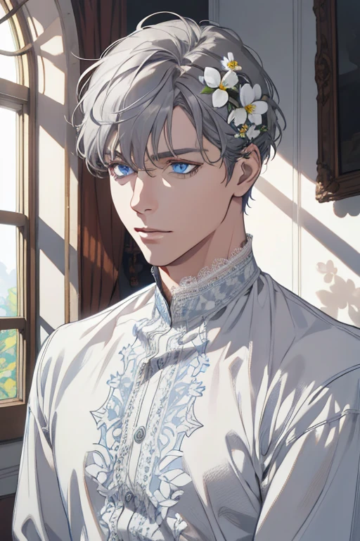1 man, Realistic, master-piece, bestquality, Beautiful, detailed eyes and detailed faces.,natural light, European retro, White shirt, lace, Long dark grey hair, blue grey eyes, attractive, depressed, Decorative flowers, sunbeam, 31 years.