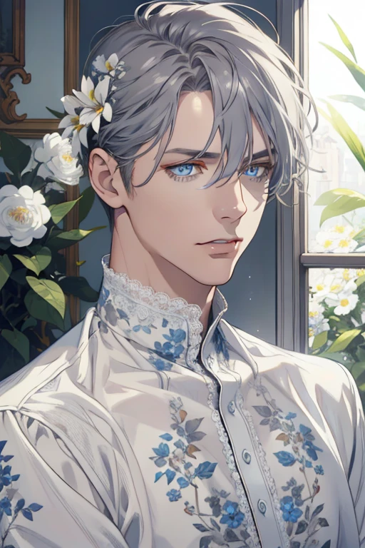 1 man, Realistic, master-piece, bestquality, Beautiful, detailed eyes and detailed faces.,natural light, European retro, White shirt, lace, Long dark grey hair, blue grey eyes, attractive, depressed, Decorative flowers, sunbeam, 31 years.
