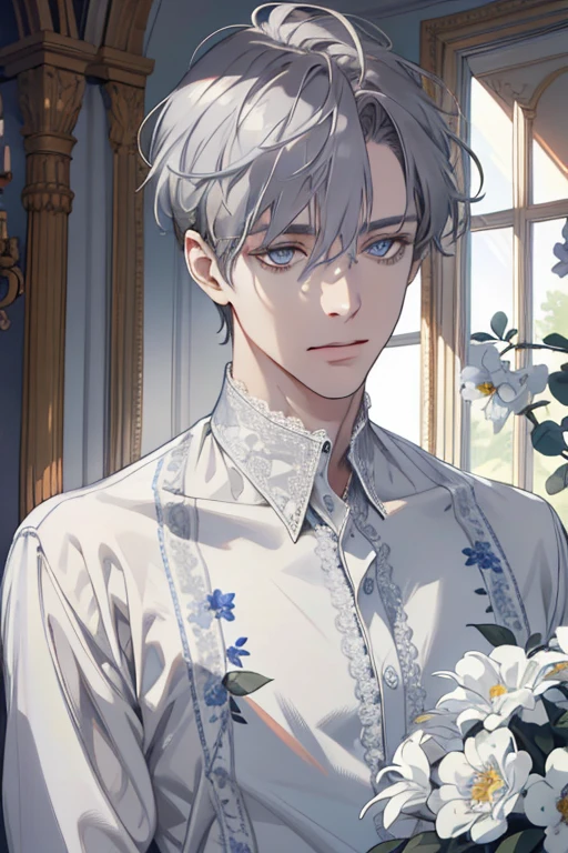 1 man, Realistic, master-piece, bestquality, Beautiful, detailed eyes and detailed faces.,natural light, European retro, White shirt, lace, Long dark grey hair, blue grey eyes, attractive, depressed, Decorative flowers, sunbeam, 31 years.