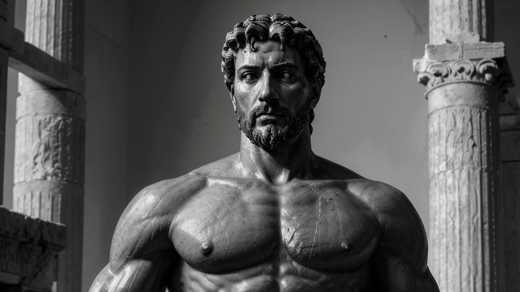 a portrait statue of the stoic Marcus Aurelius in black and white 4K, Super realistic ANCIENT GREEK RUINS, fully body, corpo stark, brawny, stark, wearing no shirt, tronco stark, stark, wearing no shirt, strong arms, 8K, ultra realisitic, cinematographic
