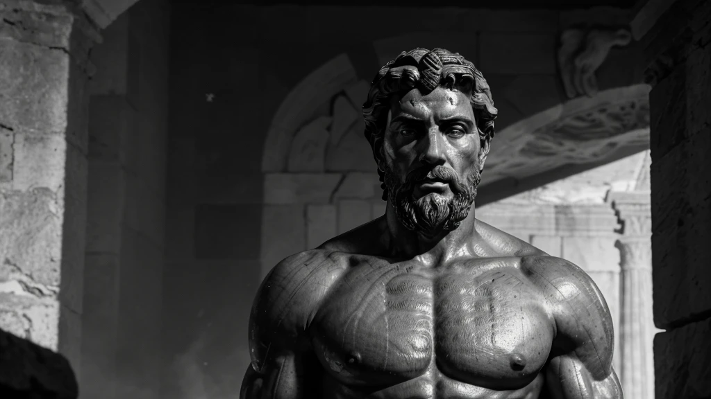 a portrait statue of the stoic Marcus Aurelius in black and white 4K, Super realistic ANCIENT GREEK RUINS, fully body, corpo stark, brawny, stark, wearing no shirt, tronco stark, stark, wearing no shirt, strong arms, 8K, ultra realisitic, cinematographic