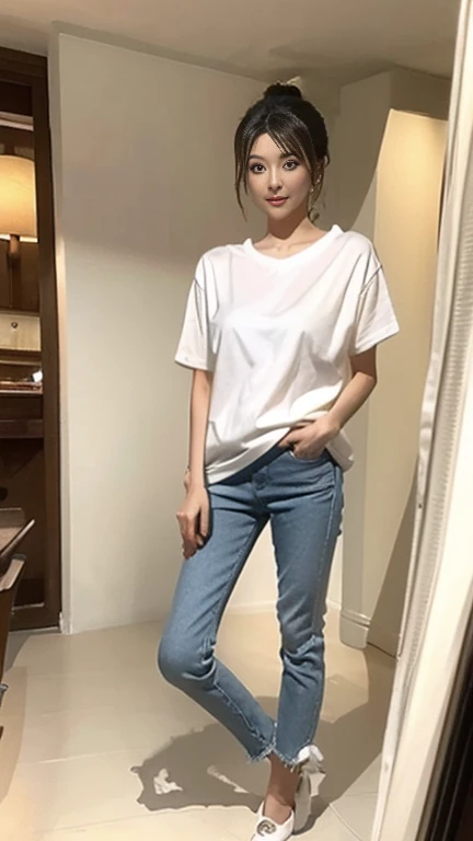 (Photo-realistic style, 超High resolution, 16K, High resolution, masterpiece), Very detailed, Perfect Anatomy, Beautiful eyes、Anatomically correct eyes、Correct eye position、Detailed face, Detailed eyes, Solo Japanese Mature, 50 years old、After shopping、Neighbor's wife、ponytail、White T-shirt with round neck、bedroom BREAK skinny jeans、pumps、(Full body photo:1.4)、