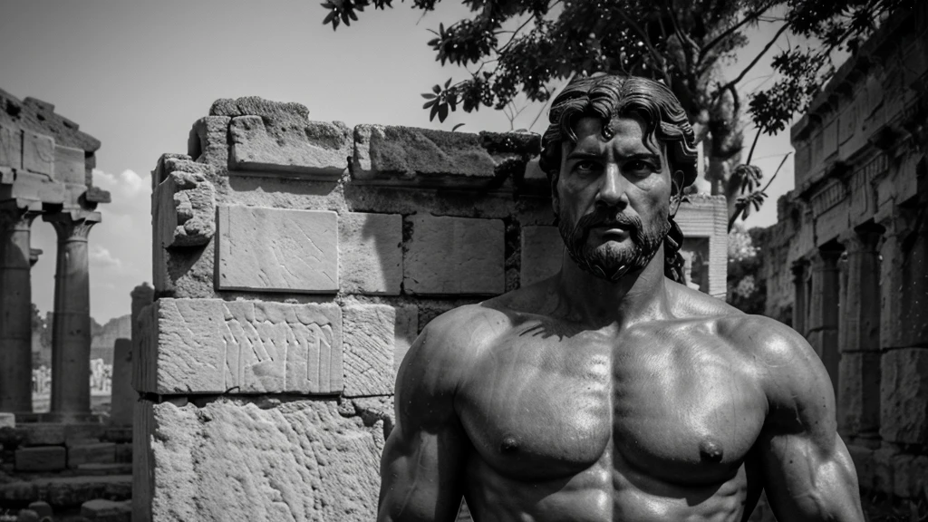 a portrait statue of the stoic Marcus Aurelius in black and white 4K, Super realistic ANCIENT GREEK RUINS, fully body, corpo stark, brawny, stark, wearing no shirt, tronco stark, stark, wearing no shirt, strong arms, 8K, ultra realisitic, cinematographic