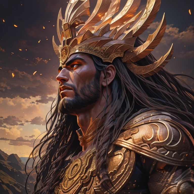 A mighty ancient god, powerful and imposing, (epic, dramatic:1.2), hyper realistic, cinematic lighting, award winning digital art, highly detailed, (intricate, complex:1.2), chiseled features, piercing gaze, flowing long hair, ornate golden armor, divine aura, dramatic angular pose, (majestic, grandiose:1.3), towering over a vast cosmic landscape, glowing ethereal energy, (cinematic, photorealistic:1.4), moody dramatic lighting, stunning detailed rendering, masterful digital art