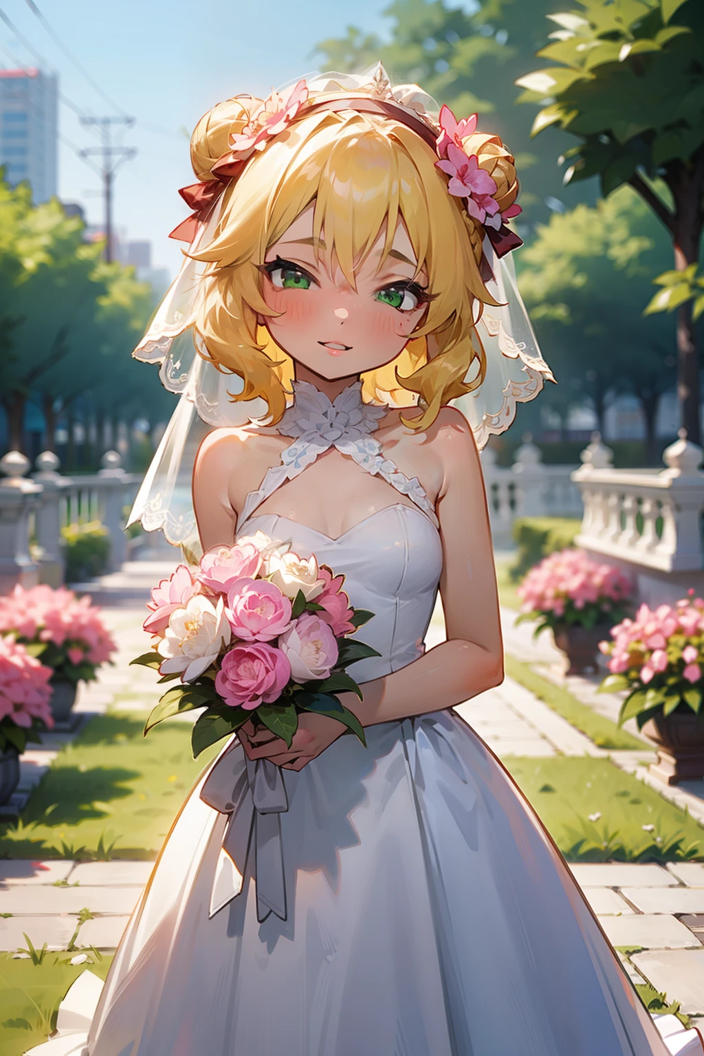 masterpiece,best quality, ultra-detailed,1girl(sakurai momoka, lovely small breasts, , blonde hair, hair bun, single hair bun, headband, pink flower in hair,green eyes), a face in love, lovely smile, parted lips, nose blush, blush, facing viewer , looking at viewer, head tilt, solo, white wedding dress, frill, veil, bouquet grab, in the garden, standing, Sexy waist teasing