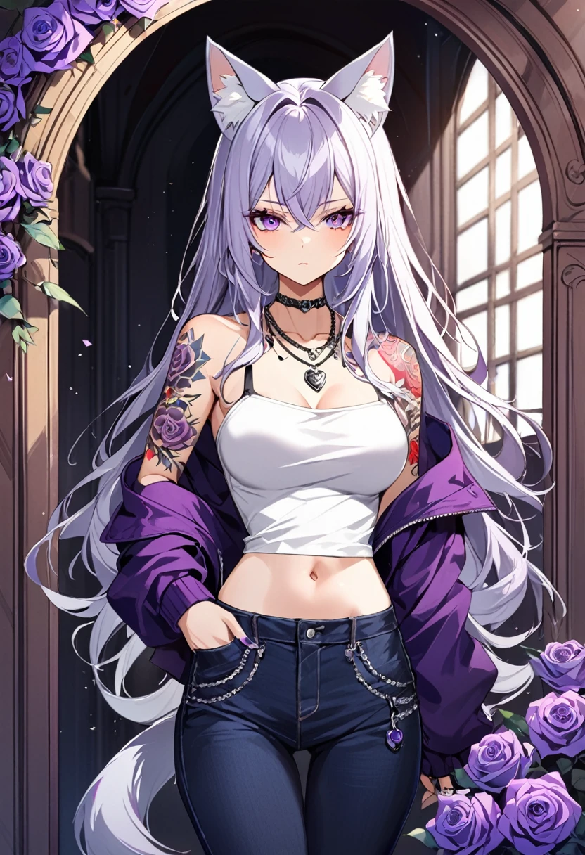 1girl, silver long hair, silver cat ears, bright purple eyes, wearing purple jacket, wearing white undershirt, wearing dark blue jean pants, wearing a necklace with a ring, exposing shoulders, bold tattoos, rose tattoos, purple roses tattoos, full sleeve tattoos
