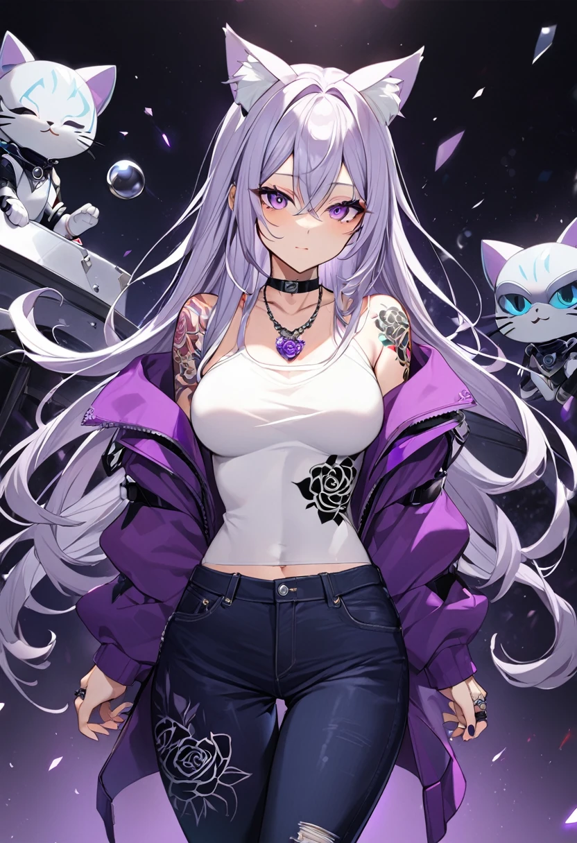 1girl, silver long hair, silver cat ears, bright purple eyes, wearing purple jacket, wearing white undershirt, wearing dark blue jean pants, wearing a necklace with a ring, exposing shoulders, bold tattoos, rose tattoos, purple roses tattoos, full sleeve tattoos

