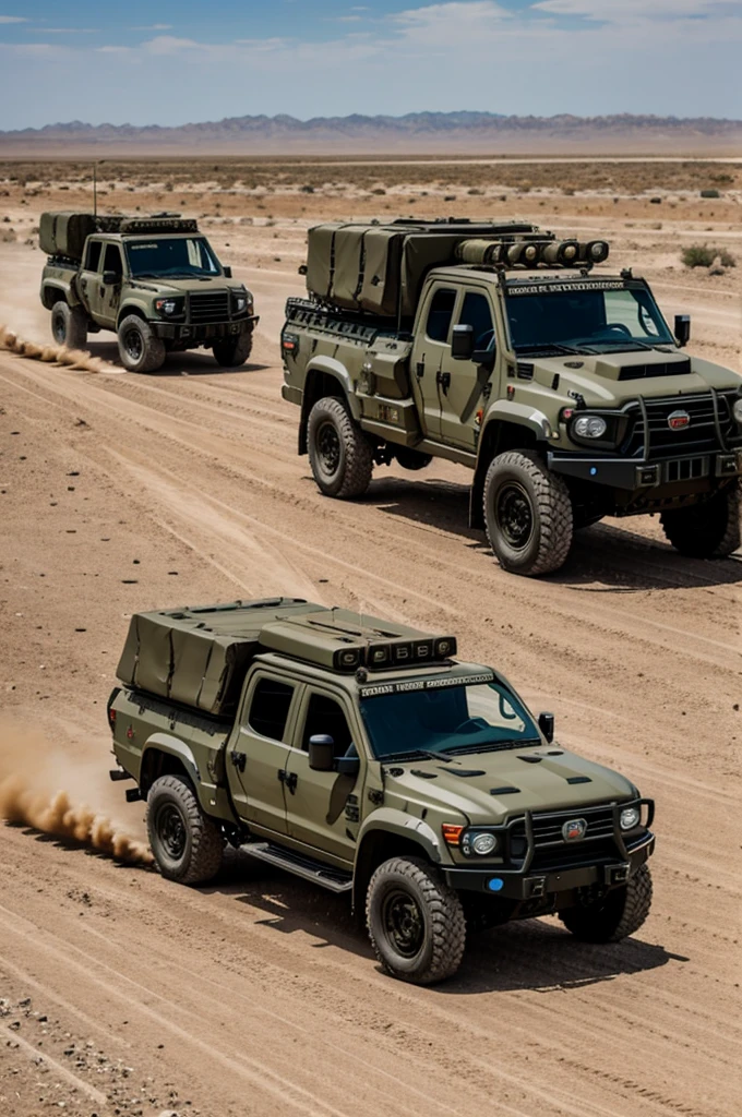 Army trucks with armed men in the future