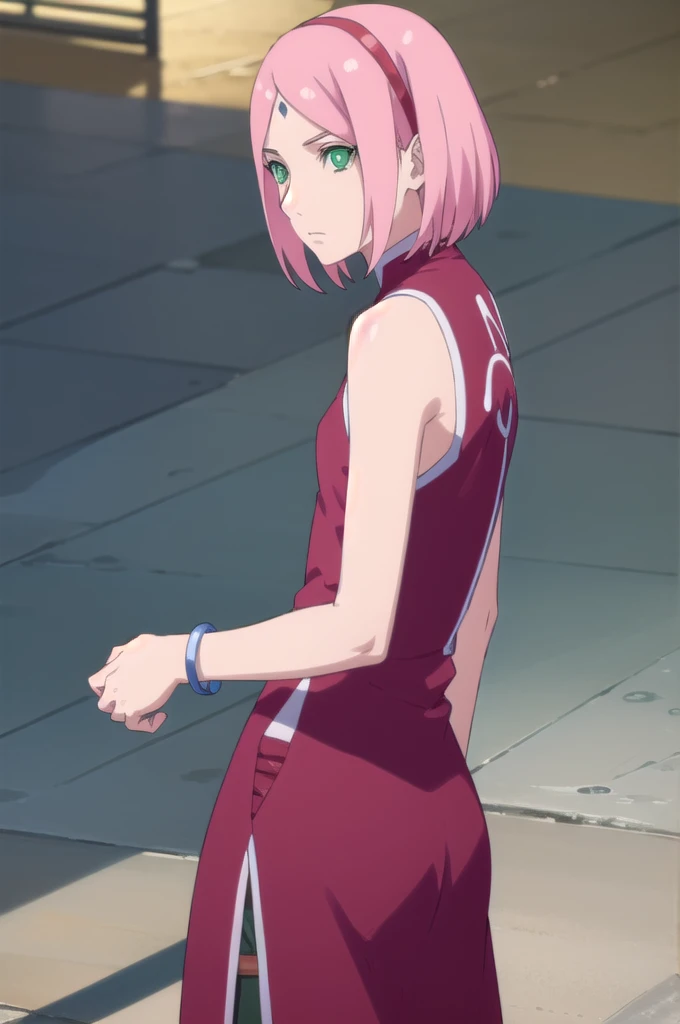 sakuraharuno, sakura uchiha, haruno sakura, short hair, (green eyes:1.5), pink hair, facial mark, forehead mark, hairband,
BREAK jewelry, sleeveless, pants, bracelet, sandals, toeless footwear, white pants, dress, red dress,
BREAK outdoors, city, sun, sky, clouds,
BREAK looking at viewer, (cowboy shot:1.5),
BREAK (masterpiece:1.2), best quality, high resolution, unity 8k wallpaper, (illustration:0.8), (beautiful detailed eyes:1.6), extremely detailed face, perfect lighting, extremely detailed CG, (perfect hands, perfect anatomy),