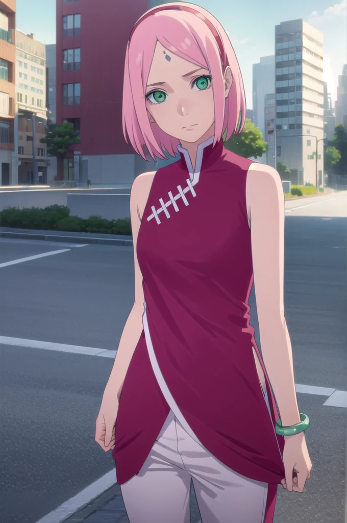 sakuraharuno, sakura uchiha, haruno sakura, short hair, (green eyes:1.5), pink hair, facial mark, forehead mark, hairband,
BREAK jewelry, sleeveless, pants, bracelet, sandals, toeless footwear, white pants, dress, red dress,
BREAK outdoors, city, sun, sky, clouds,
BREAK looking at viewer, (cowboy shot:1.5),
BREAK (masterpiece:1.2), best quality, high resolution, unity 8k wallpaper, (illustration:0.8), (beautiful detailed eyes:1.6), extremely detailed face, perfect lighting, extremely detailed CG, (perfect hands, perfect anatomy),