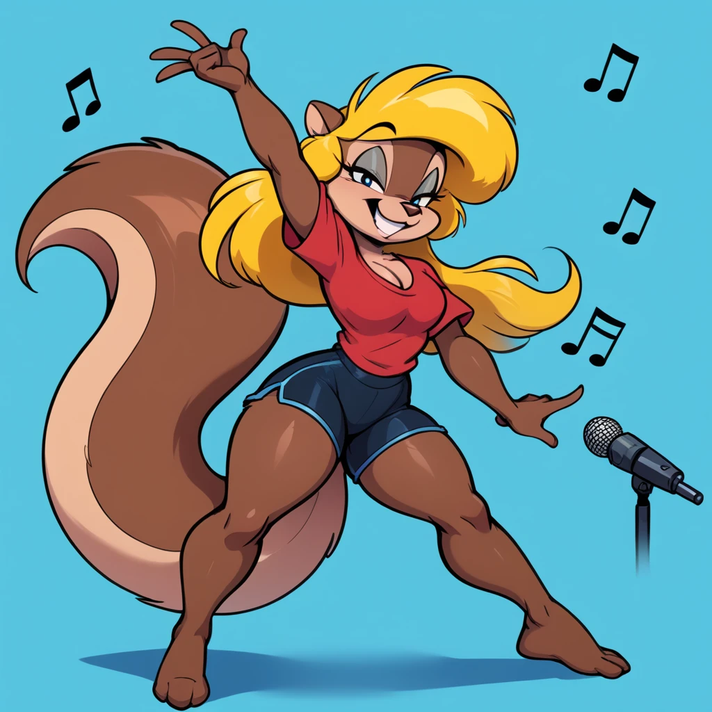 score_9, score_8_up, score_7_up, score_6_up, score_5_up, score_4_up, (Source furry),  1girl, solo, looking at viewer, smile, blue eyes, turquoise blue background, shirt, turquoise blue background, animal ears, cleavage, medium breasts, smug while teeth singing, digital obstacles everywhere in the background, singing a song, singing in a microphone, tail, full thick body, barefoot, furry, cyberworld environment, standing and posing a pin up pose, while paratring herself, black swimming shorts, has thick thighs, thick thighs, bright red shirt, animal nose, snout, amy squirrel , blonde hair, long hair, two tone fur, brown fur, furry female, body fur, humble sexy look,