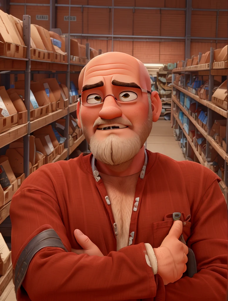 Bald man, sem beard, no fur, looking forward, disney pixar style, red shirt, inside a warehouse, high qualiy, best qualityer.
