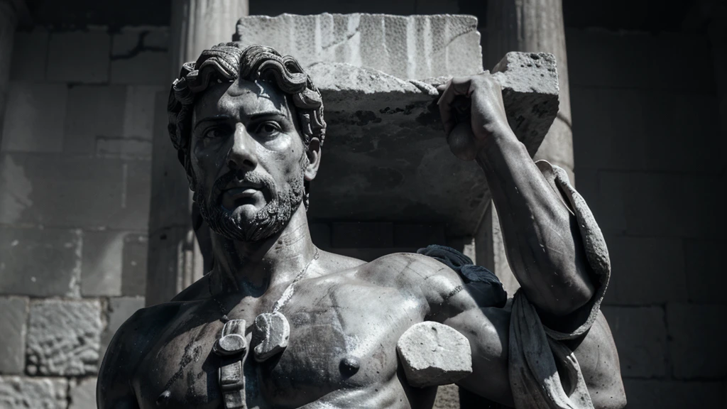 a portrait statue of the stoic Marcus Aurelius in black and white 4K, Super realistic ANCIENT GREEK RUINS, fully body, corpo stark, brawny, stark, wearing no shirt, tronco stark, stark, wearing no shirt, strong arms, 8K, ultra realisitic, cinematographic