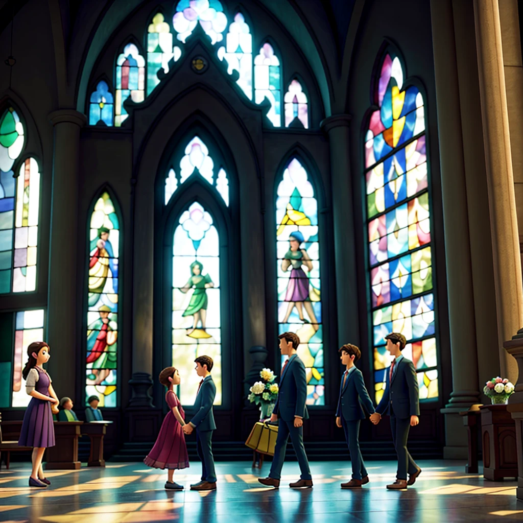 Draw a charming scene where the Beauty and the Beast characters are elegantly dressed, holding hands, as they walk towards the majestic entrance of an old Catholic church. Will do, gently guiding Beauty with a serene smile, contrasts with the Gothic grandeur of the church in the background, adorned with colorful stained glass windows and a tall tower. The evening sky is dyed in soft colors, reflected in the stained glass windows, creating an atmosphere of calm and contemplation. Details of red roses scattered along the path and the presence of warm lights emanating from the church windows complete this image of beauty., Love and faith.