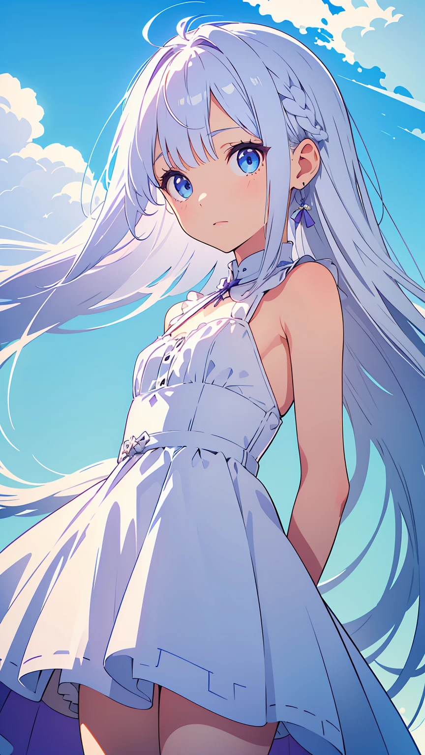 (a 1,standing,10 years old, round face, blue eyes,White hair,long hair),purple short a dress,HD,green background,highly detailed 