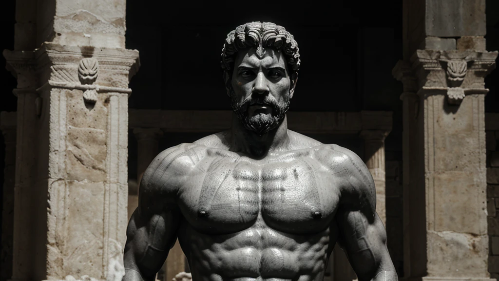 a portrait statue of the stoic Marcus Aurelius in black and white 4K, Super realistic ANCIENT GREEK RUINS, fully body, corpo stark, brawny, stark, wearing no shirt, tronco stark, stark, wearing no shirt, strong arms, 8K, ultra realisitic, cinematographic
