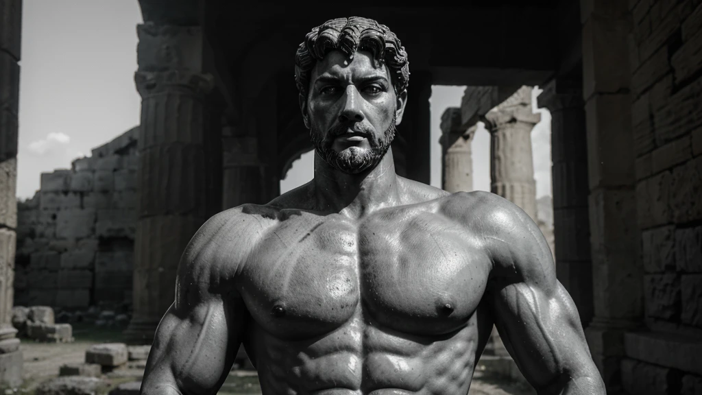 a portrait statue of the stoic Marcus Aurelius in black and white 4K, Super realistic ANCIENT GREEK RUINS, fully body, corpo stark, brawny, stark, wearing no shirt, tronco stark, stark, wearing no shirt, strong arms, 8K, ultra realisitic, cinematographic