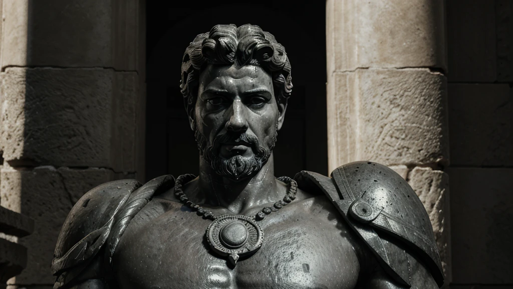 a portrait statue of the stoic Marcus Aurelius in black and white 4K, Super realistic ANCIENT GREEK RUINS, fully body, corpo stark, brawny, stark, wearing no shirt, tronco stark, stark, wearing no shirt, strong arms, 8K, ultra realisitic, cinematographic