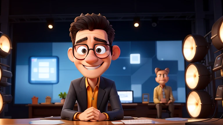 Very happy man journalist, avec une veste de costume, very short black hair, des lunettes, very big nose, has a television studio ,montre du doigt