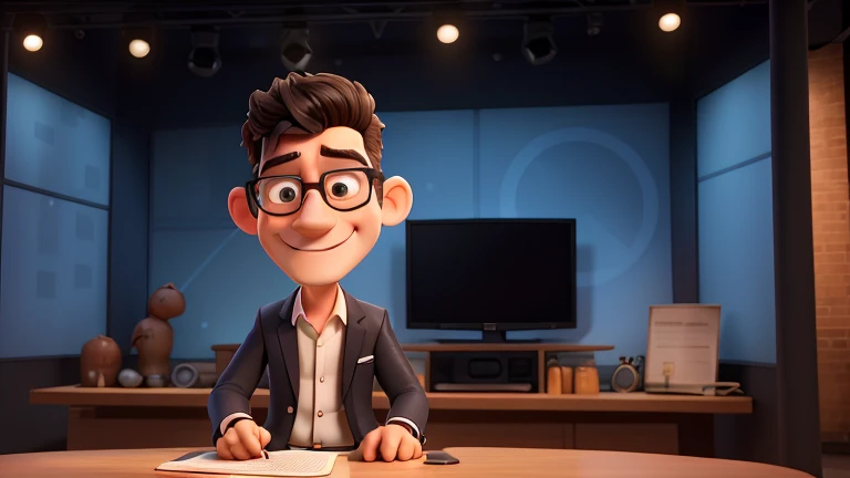  Very happy man journalist, avec une veste de costume, very short black hair, des lunettes, very big nose, has a television studio ,montre du doigt
