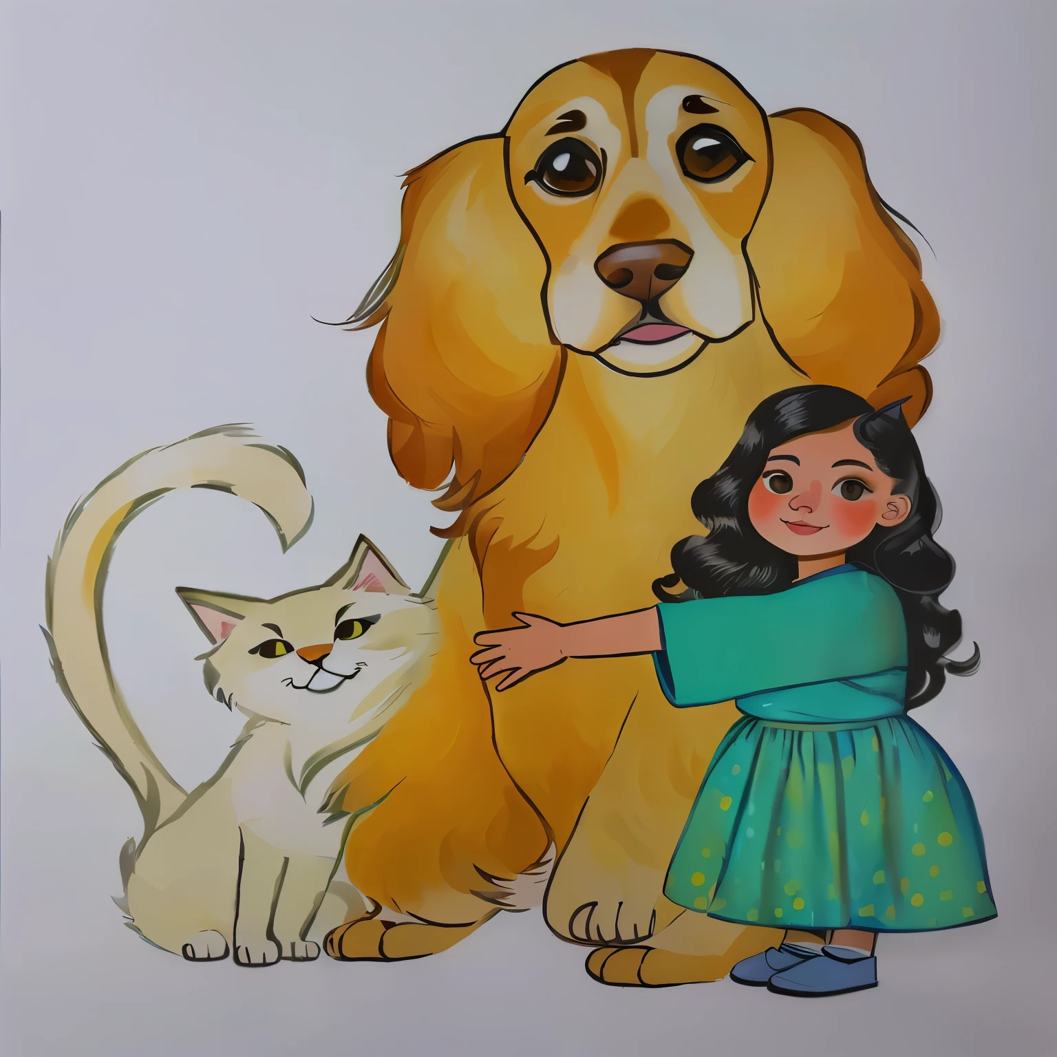 painting of a dog and a cat, colourful drawing, desenho de livro infantil, fullbody commission for, book illustration , book illustration , in cartoon style, there is a cat next to her, Full body illustration, with dogs, book illustration , official fanart, por Reyna Rochin, inspired by Margaret Keane