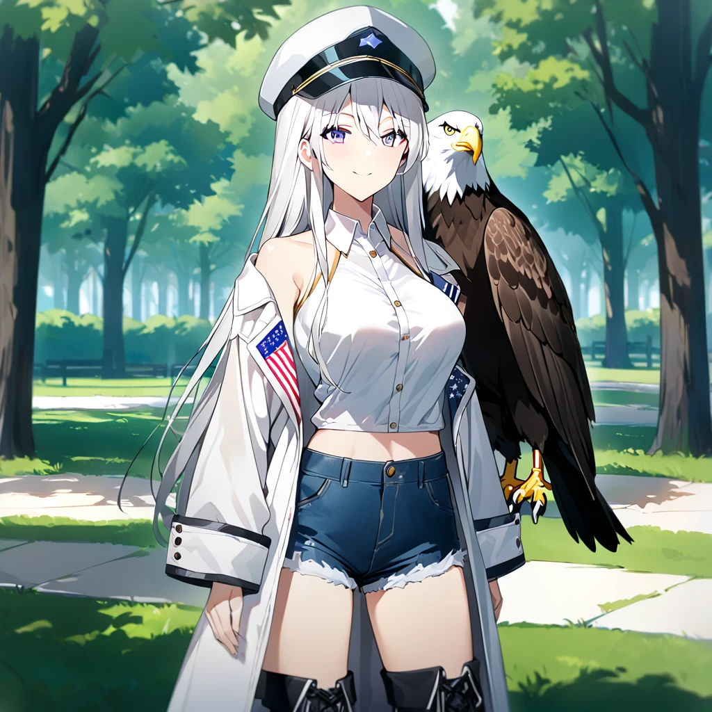 A woman wearing an open white jacket, wearing a shirt with fabric from the United States, denim shorts, exposed thigh, standing upright, hat with fabric from the United States, black leather boots, large breasts, smiling, in a park with a picnic, an area open with some trees, daytime location, white hair, long hair, purple eyes,The Eagle Perched On The Shoulder, view close,
