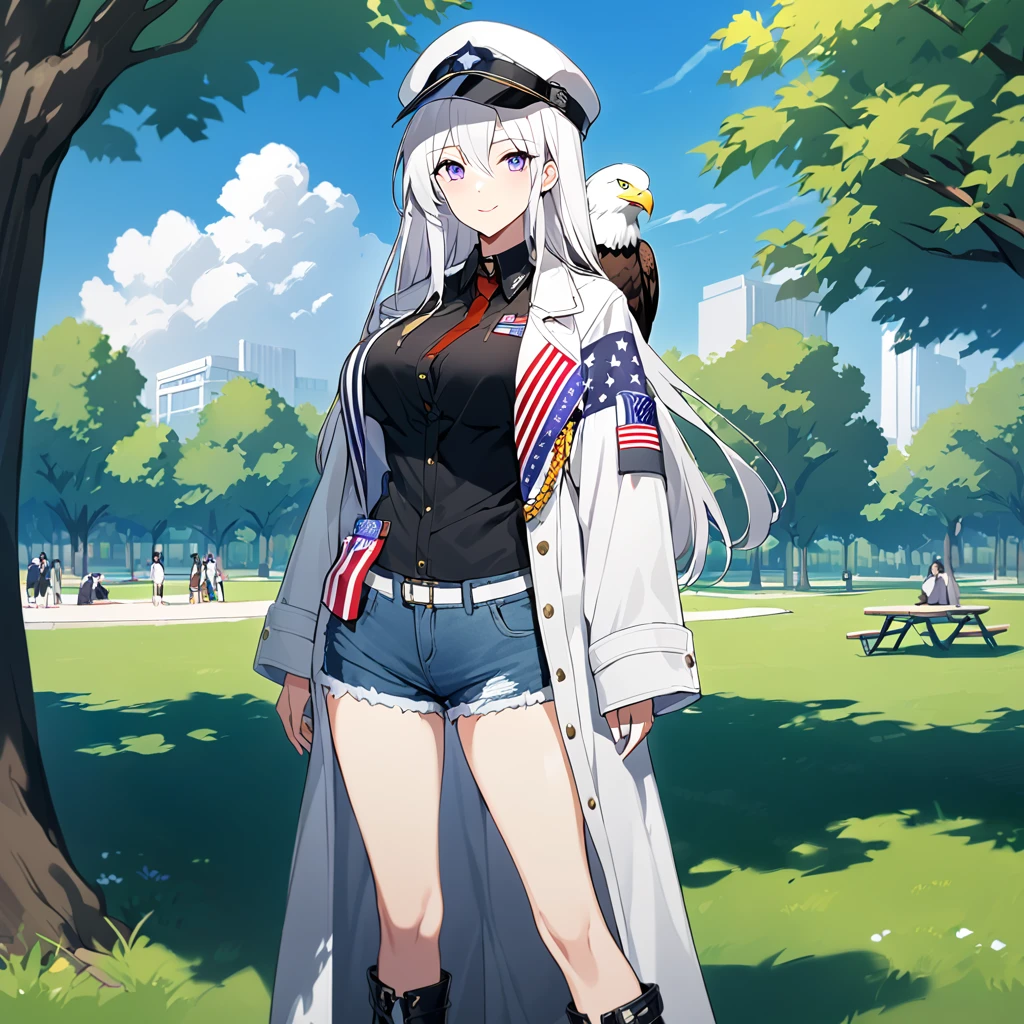 A woman wearing an open white jacket, wearing a shirt with fabric from the United States, denim shorts, exposed thigh, standing upright, hat with fabric from the United States, black leather boots, large breasts, smiling, in a park with a picnic, an area open with some trees, daytime location, white hair, long hair, purple eyes,The Eagle Perched On The Shoulder, view close,