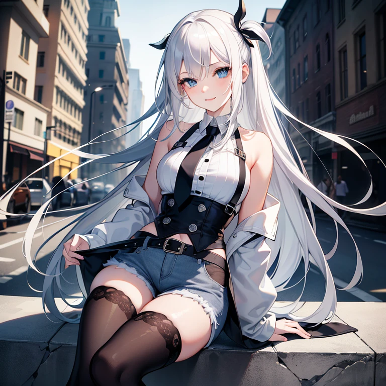 (Masterpiece, Best quality, ultra high resolution), 1 girl, Silver hair, Pale skin, Beautiful detailed face, Detailed eyes, posing on a, On a white background, Dynamic lighting, dynamic shadowing, looking at viewer, White stone punk fashion,(Posing for a photo),((White clothes)), (((black thigh highs))), ((jean shorts, skirt)), white sweater, ((Blue eyes)), happy, smiling, black straps, black strap design, ((Long white hair)), energetic, cheerful, cityscape background