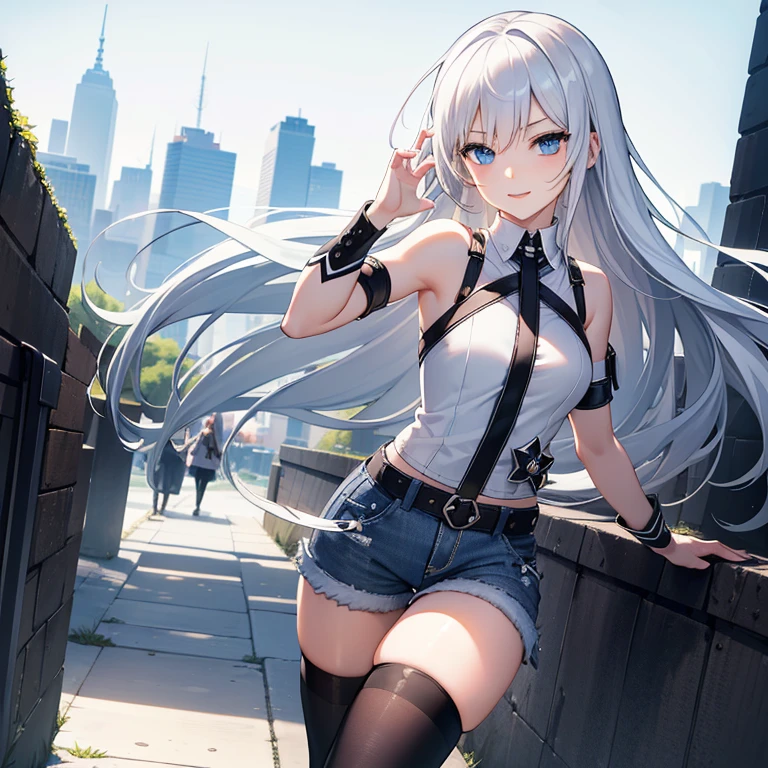 (Masterpiece, Best quality, ultra high resolution), 1 girl, Silver hair, Pale skin, Beautiful detailed face, Detailed eyes, posing on a, On a white background, Dynamic lighting, dynamic shadowing, looking at viewer, White stone punk fashion,(Posing for a photo),((White clothes)), (((black thigh highs))), ((jean shorts, skirt)), white sweater, ((Blue eyes)), happy, smiling, black straps, black strap design, ((Long white hair)), energetic, cheerful, cityscape background