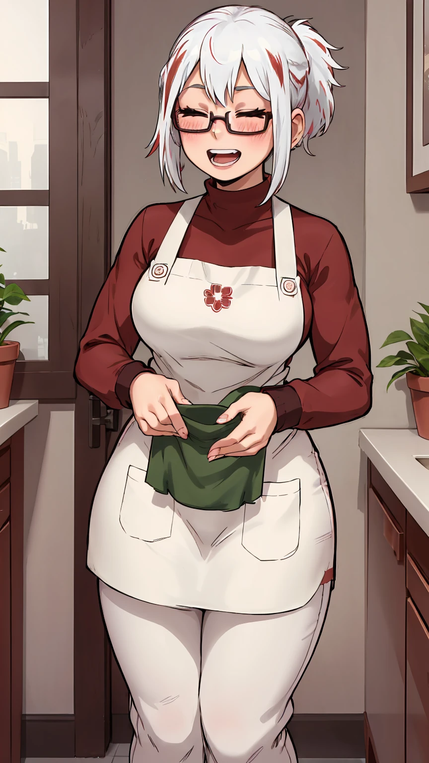 fuyumi todoroki, 1girl, Thick, ass view, solo, breasts, blush, smile, short hair, open mouth, bangs, long sleeves, medium breasts, standing, closed eyes, ponytail, white hair, :d, red hair, multicolored hair, glasses, teeth, pants, indoors, apron, two-tone hair,