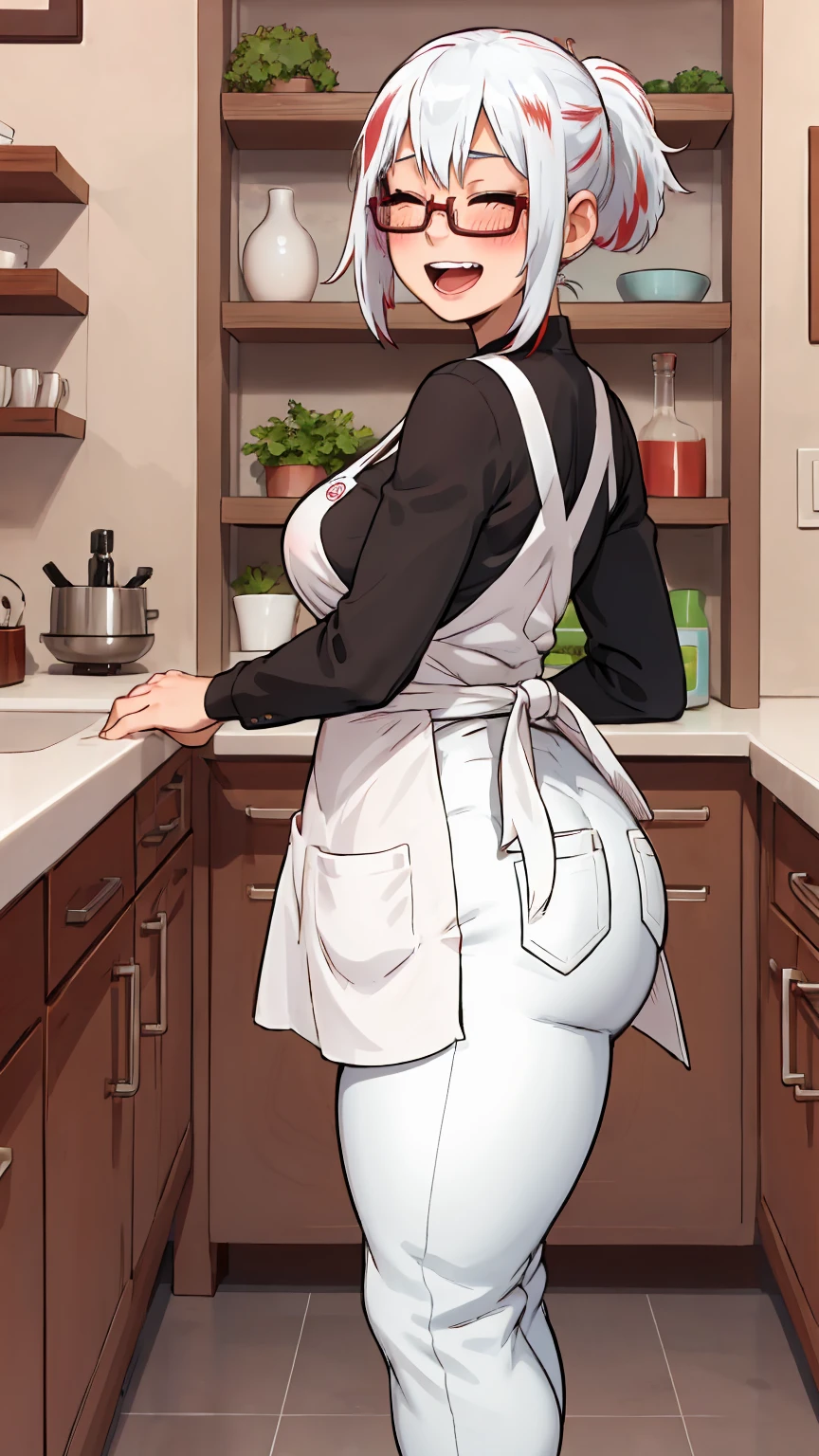 fuyumi todoroki, 1girl, Thick, ass view, solo, breasts, blush, smile, short hair, open mouth, bangs, long sleeves, medium breasts, standing, closed eyes, ponytail, white hair, :d, red hair, multicolored hair, glasses, teeth, pants, indoors, apron, two-tone hair,