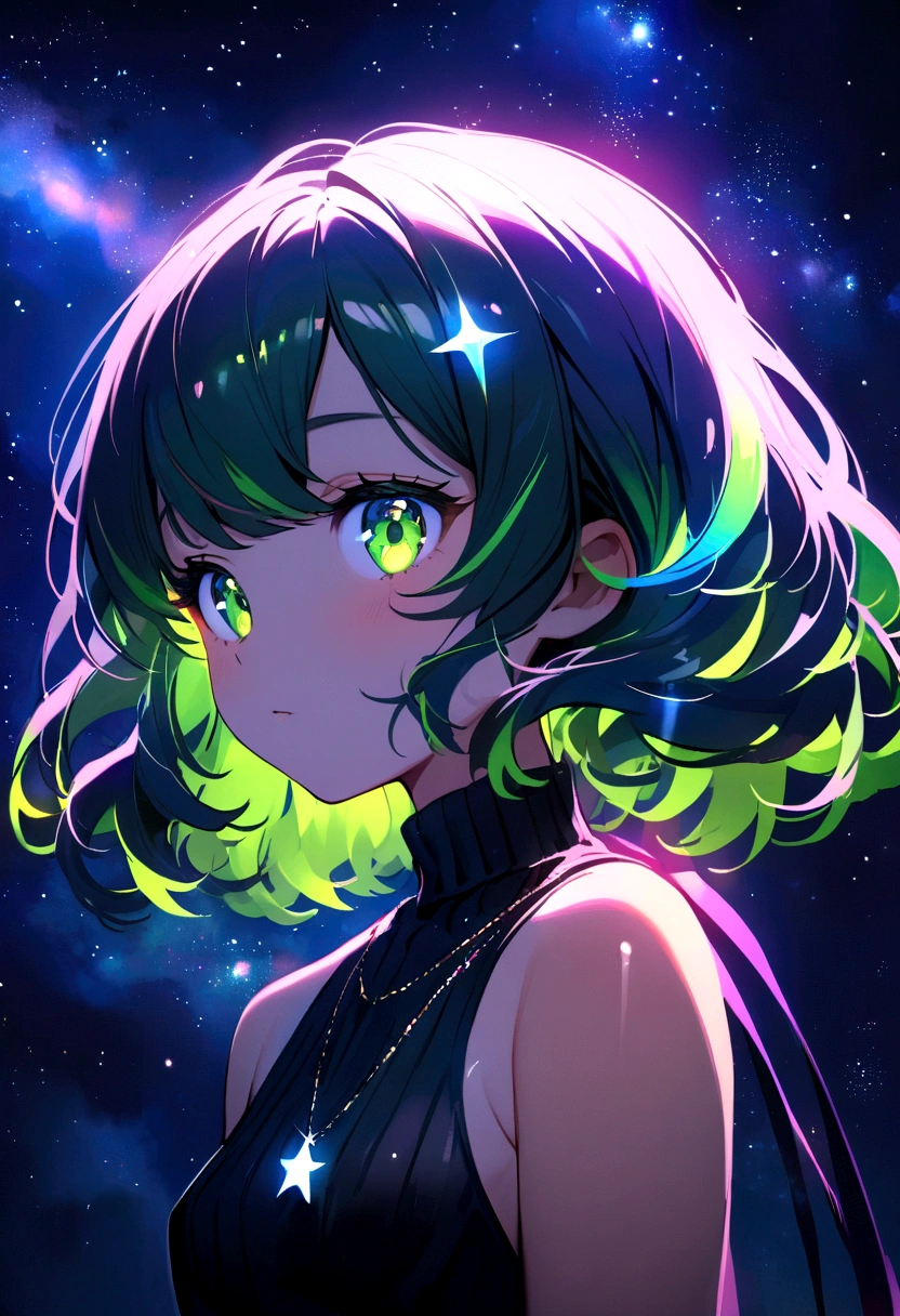 Sky, Pink and blue lighting, it's night, the night is full of stars, there are planets in the sky, bright colors, Incredible details, Shiny hair, spectacular hair, Bare shoulders, cute, Small breasts, cute, short hair, galaxy hair, green eyes, tanned, black sweater,