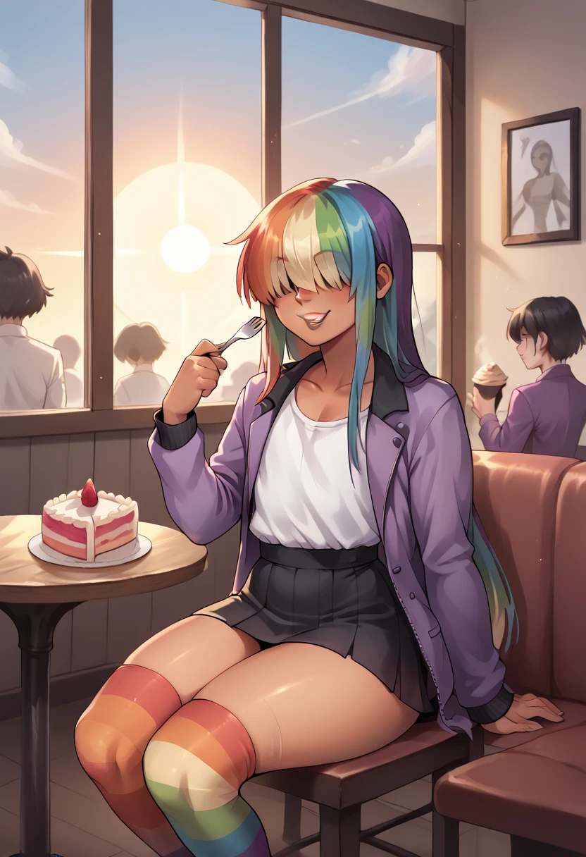 A feminine looking man, femboy, rainbow hair, disordered, hair over eyes, black painted lips, happy, slim and feminine body, thick thighs, flat chest, her butt is very big, tanned skin, very small purple jacket, fitted white top, mini skirt, long rainbow tights, heels, sitting, next to a window, a table, cake on the table, in a coffee shop, offering cake on a fork to the viewer, sunset, lus of the sun, Sun reflection, front view,
