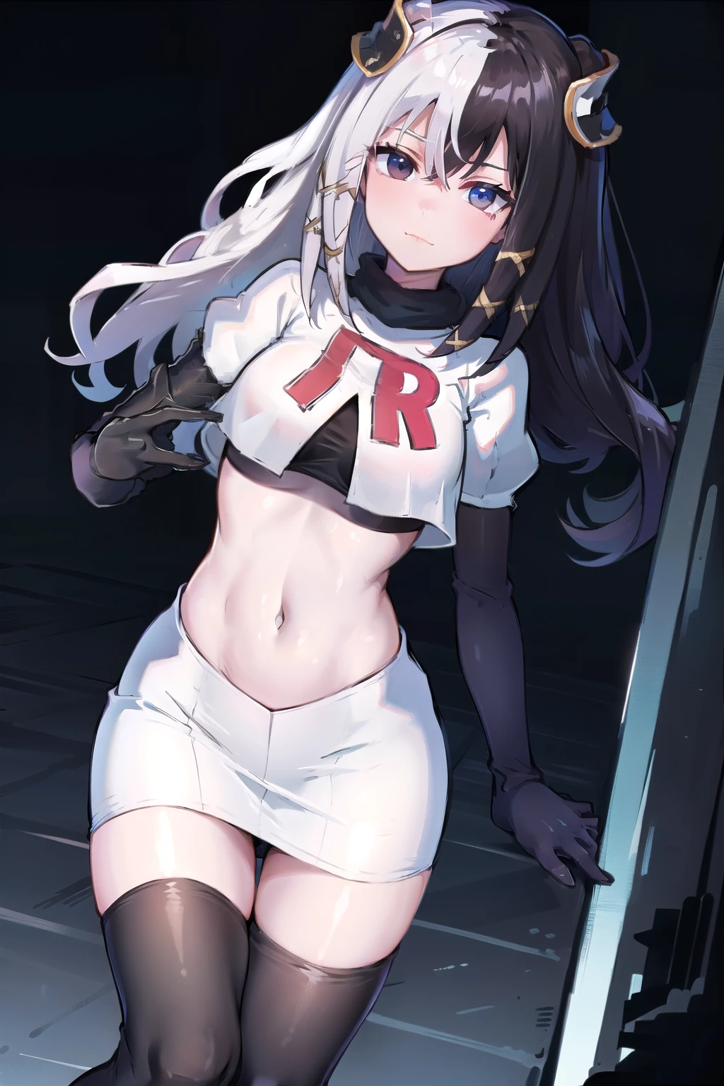 zesshi zetsumei, 1girl,solo, team rocket,team rocket uniform,white skirt,red letter R,crop top,black thigh-highs,black elbow gloves
