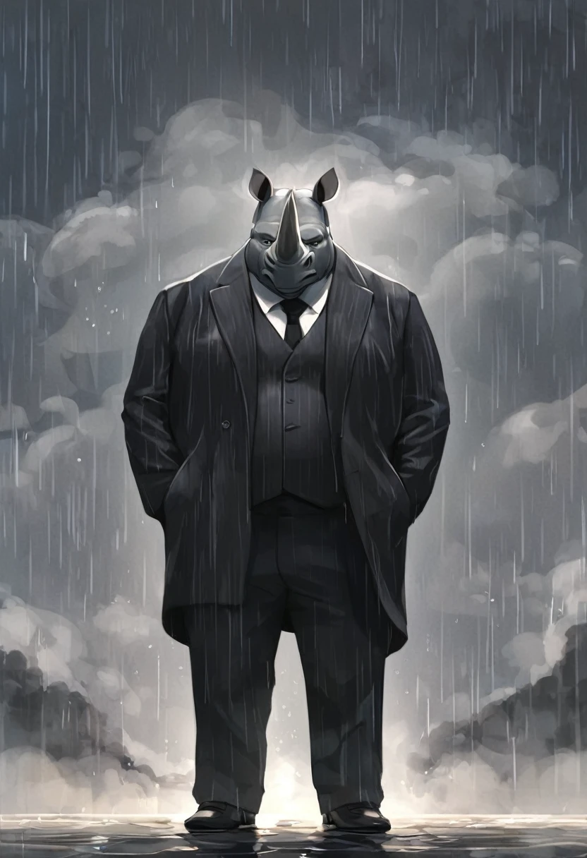 rhino,personification,Mature male,Strong Man,,Gray skin,Black suit,Hands in pockets,The Age of Steam,Gloomy rainy day。