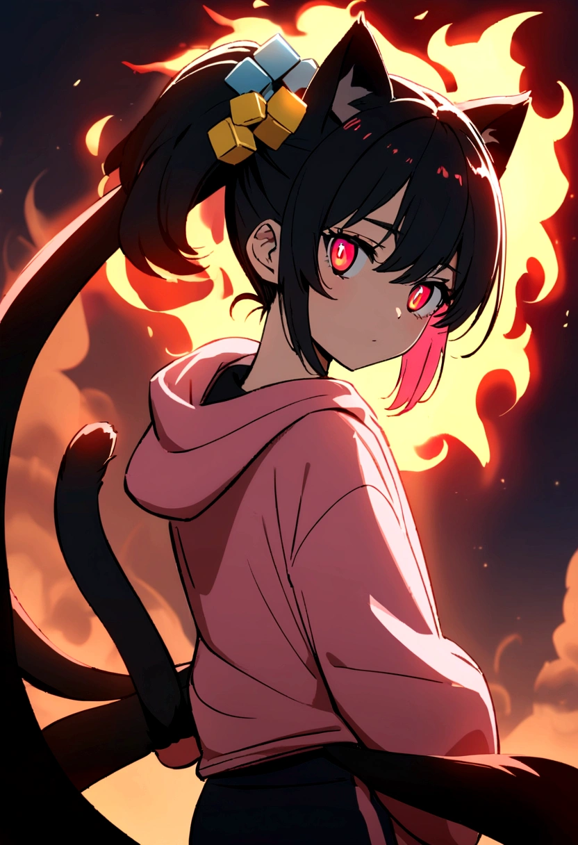 an anime girl eyes with a black iris and red pupils, black hair with pink highlights with small hair bow with small blue and yellow cubes decoration on the bow, on the right side of the head. She wears a pink sweatshirt that is too big for her and small black sweatpants.. She has a red aura of flames that surrounds her violently.. Two black flames emerge from his head that take the shape of cat ears and two tails of flame emerge from his back. 