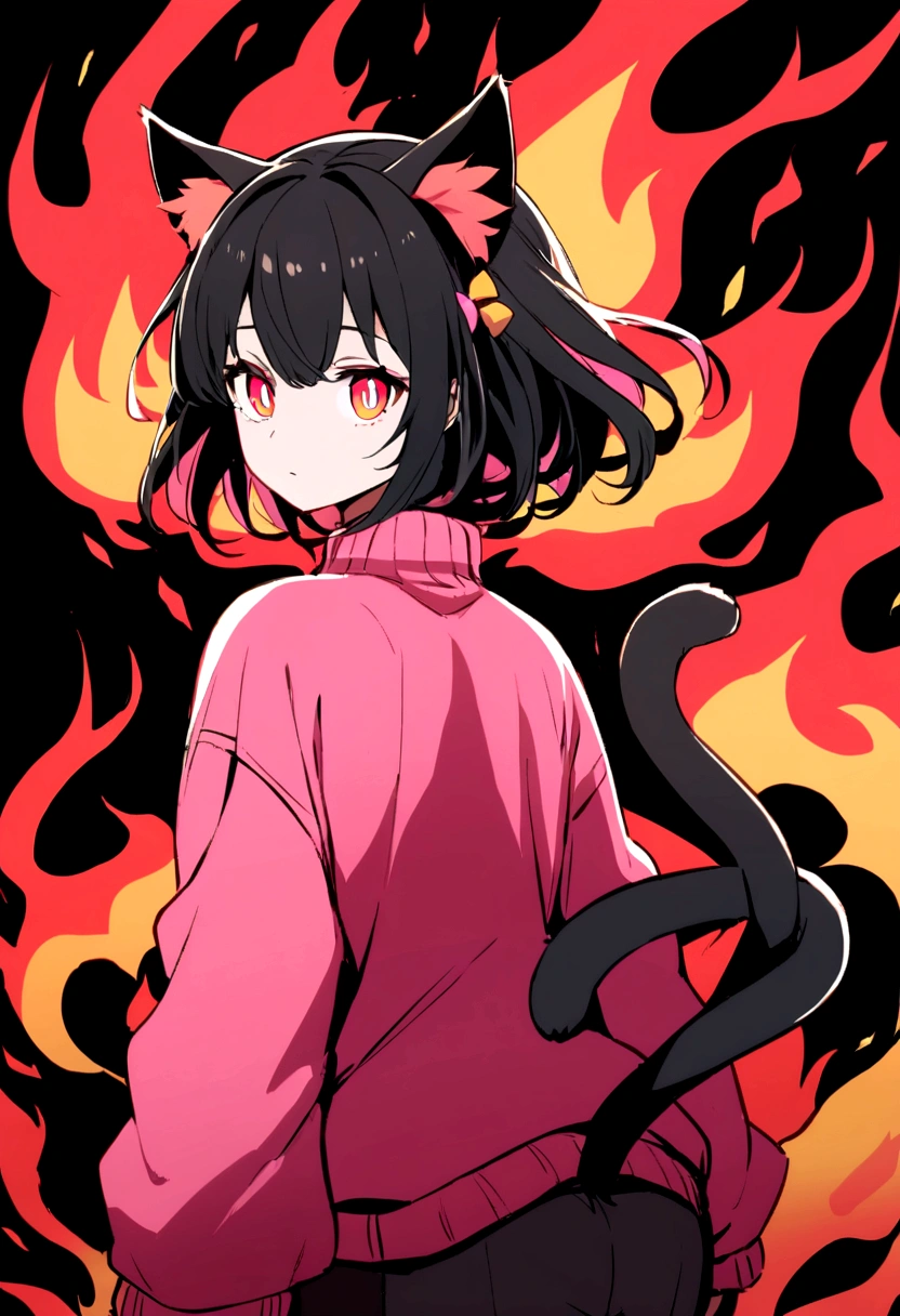 an anime girl eyes with a black iris and red pupils, black hair with pink highlights with small hair bow with small blue and yellow cubes decoration on the bow, on the right side of the head. She wears a pink sweatshirt that is too big for her and small black sweatpants.. She has a red aura of flames that surrounds her violently.. Two black flames emerge from his head that take the shape of cat ears and two tails of flame emerge from his back.