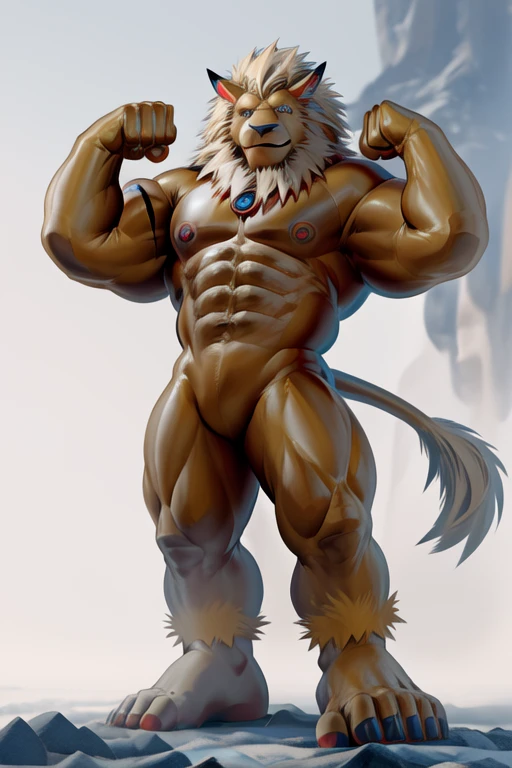 leomon, white eyes,yellow body, (pose:1.3), (posing:1.3), (soft shading), 4k, hi res, five fingers, detailed hands, ((detailed face, (detailed eyes:1.3), detailed)), (full body focus),(by takahirosi:1.5), solo, looking at viewer, 1boy,white background, standing,nudiest, male focus, abs, bicepsm,legs,feet, flexing, smile,