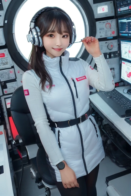 masterpiece, Highest quality, Very detailed, 8K Portrait,Japanese Android Girl,plump , Control panel,Robotic arms and legs, Blunt bangs,,break (Metallic Gray, Metallic luster, Mirror finish, Astro Best):5,headphone:5,break (Black sleeves):100,Smart Watches,Futuristic space station,Control Room,break headphone,blue eyes,(Black Hair):2,(Long Hair):1.3,Displaying the viewer,(respirator),break blush:3,Hidden Hand,smile